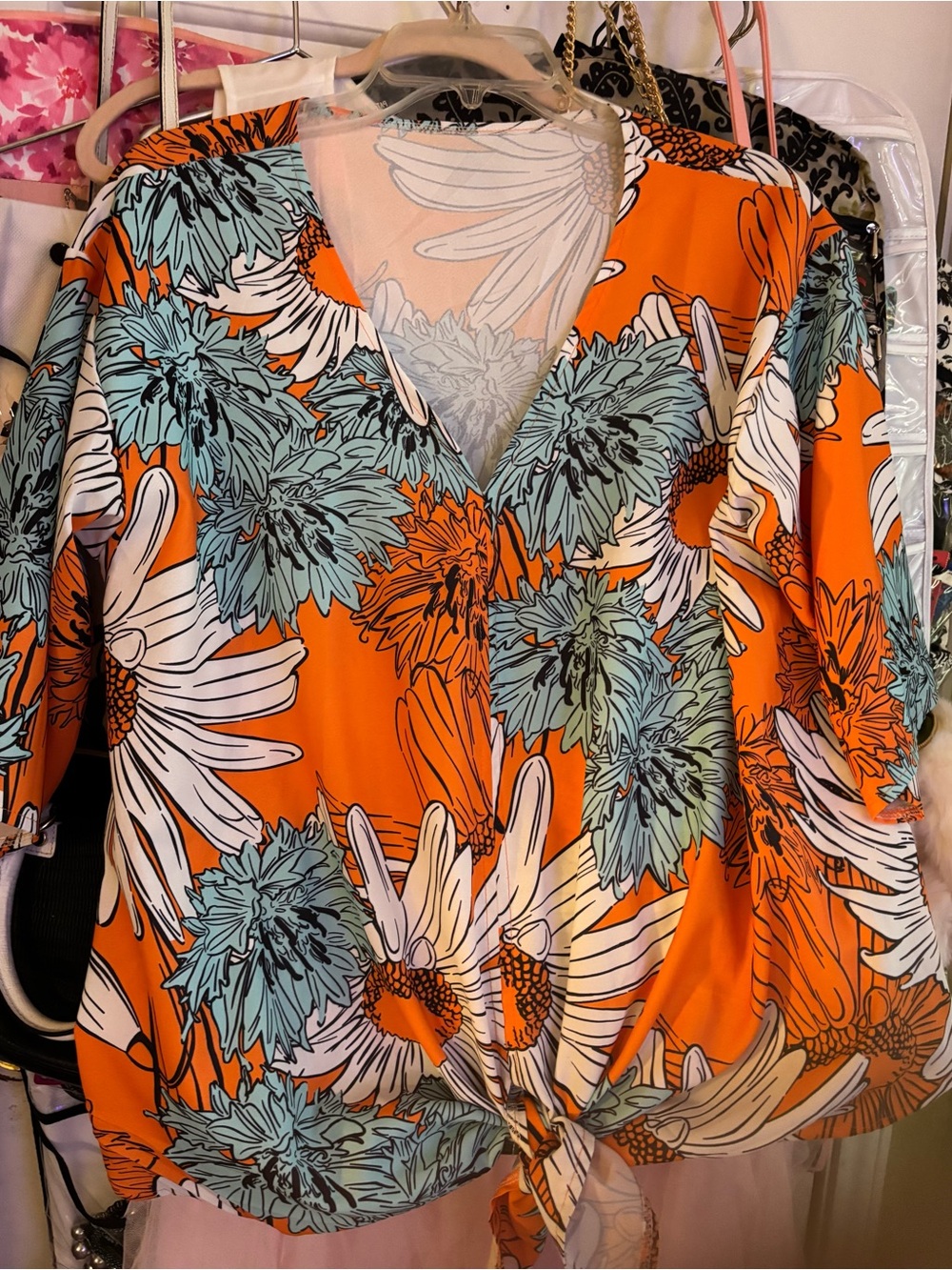V-Neck Floral Tie-Front Tunic in Orange & Aqua